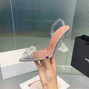 Amina Muaddi Silver Heels with Crystal Embellishments